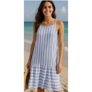 Lungo L’Arno Dress Large 100% Linen Blue White Striped Italy Nautical Tiered